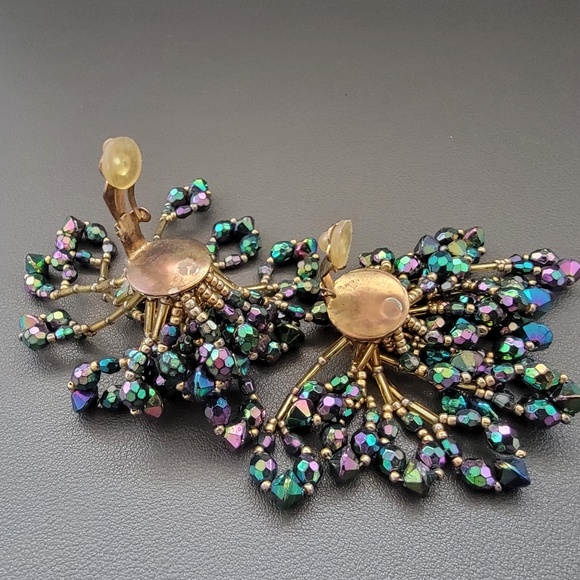 Y2K Glam Peacock Cluster Clip-On Earrings Opera Night Statement